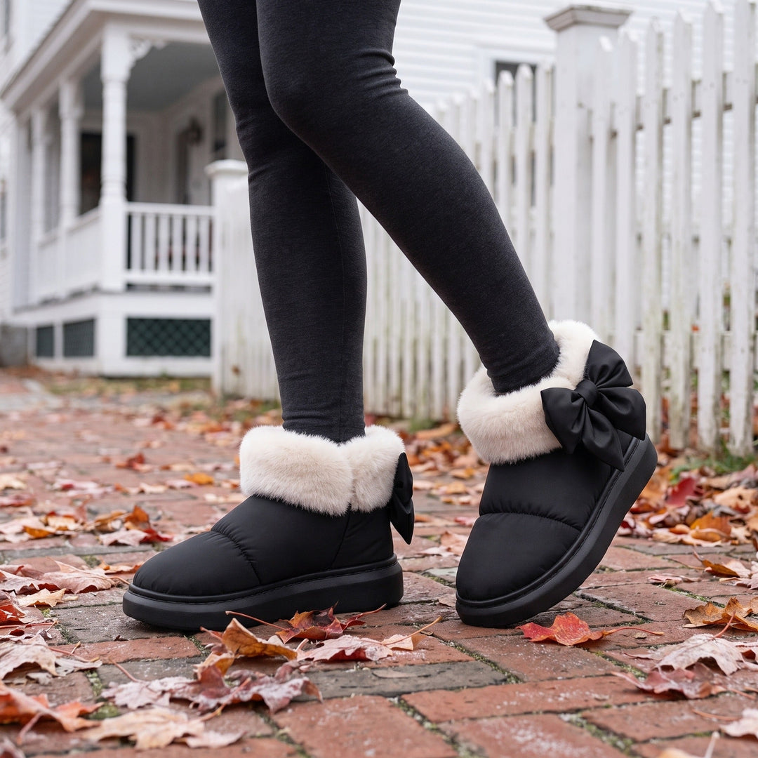 Woman walking on an autumn sidewalk in black faux fur lined booties