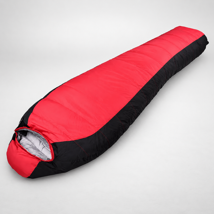 Mummy sleeping bag in Red with black sides and gray lined hood