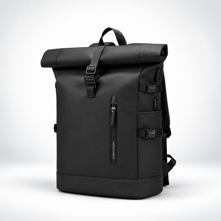 Roll top backpack in Black, three quarter front view