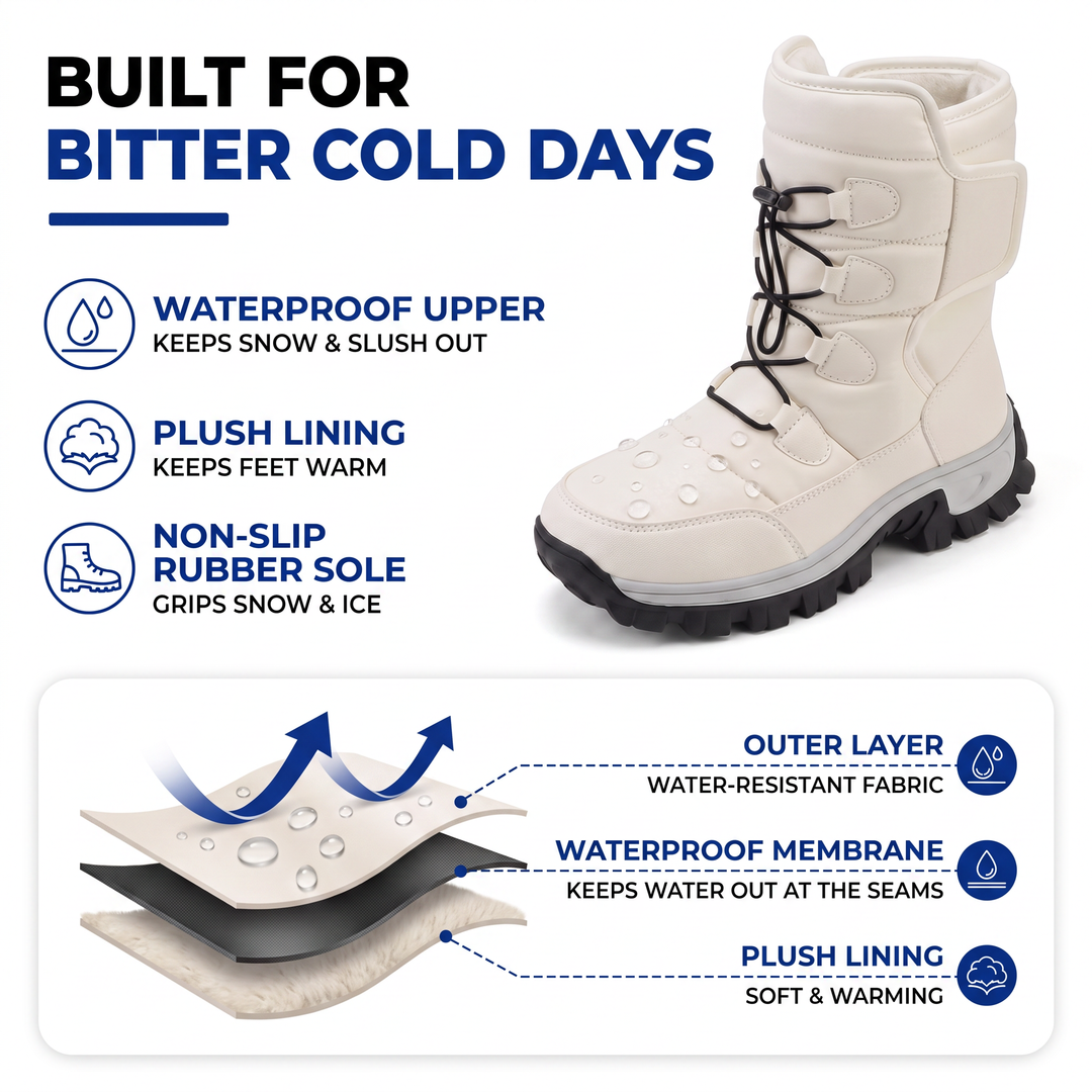 Winter boot layers: water-resistant outer, waterproof membrane and plush lining
