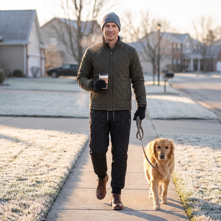 Man walking his dog on a frosty morning in the lined winter joggers