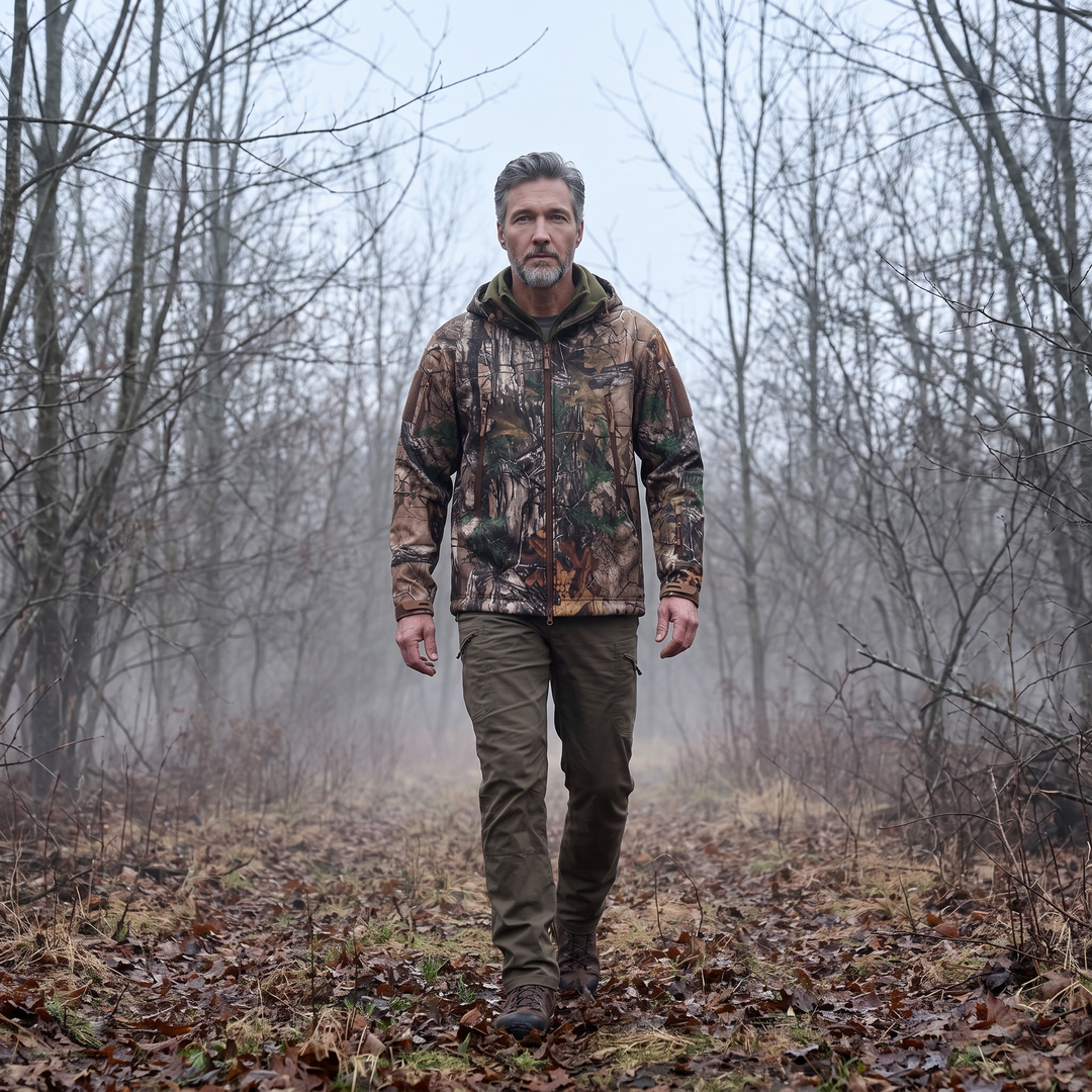 Hunter wearing Leaf Camo hunting jacket walking into bare woodland at first light, hood down
