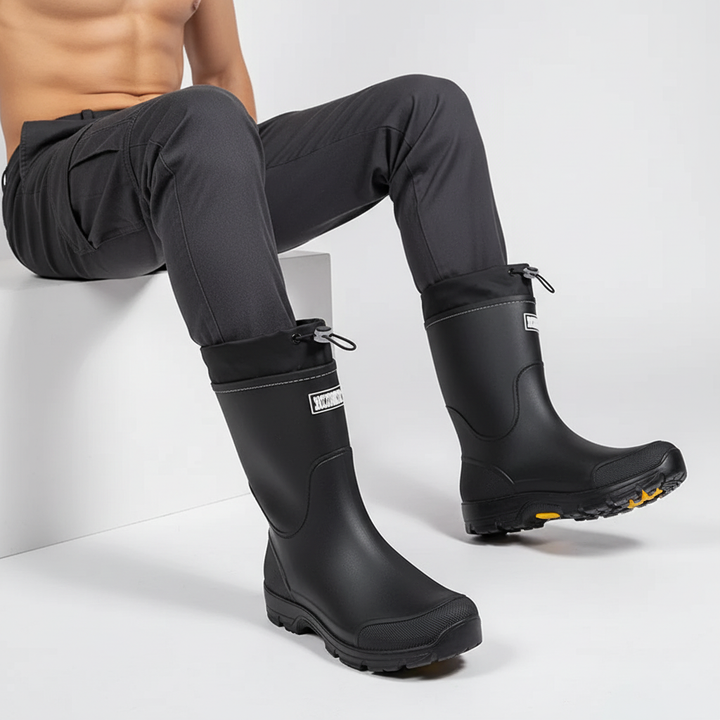 Man wearing the black mid calf rain boots with the drawcord collar