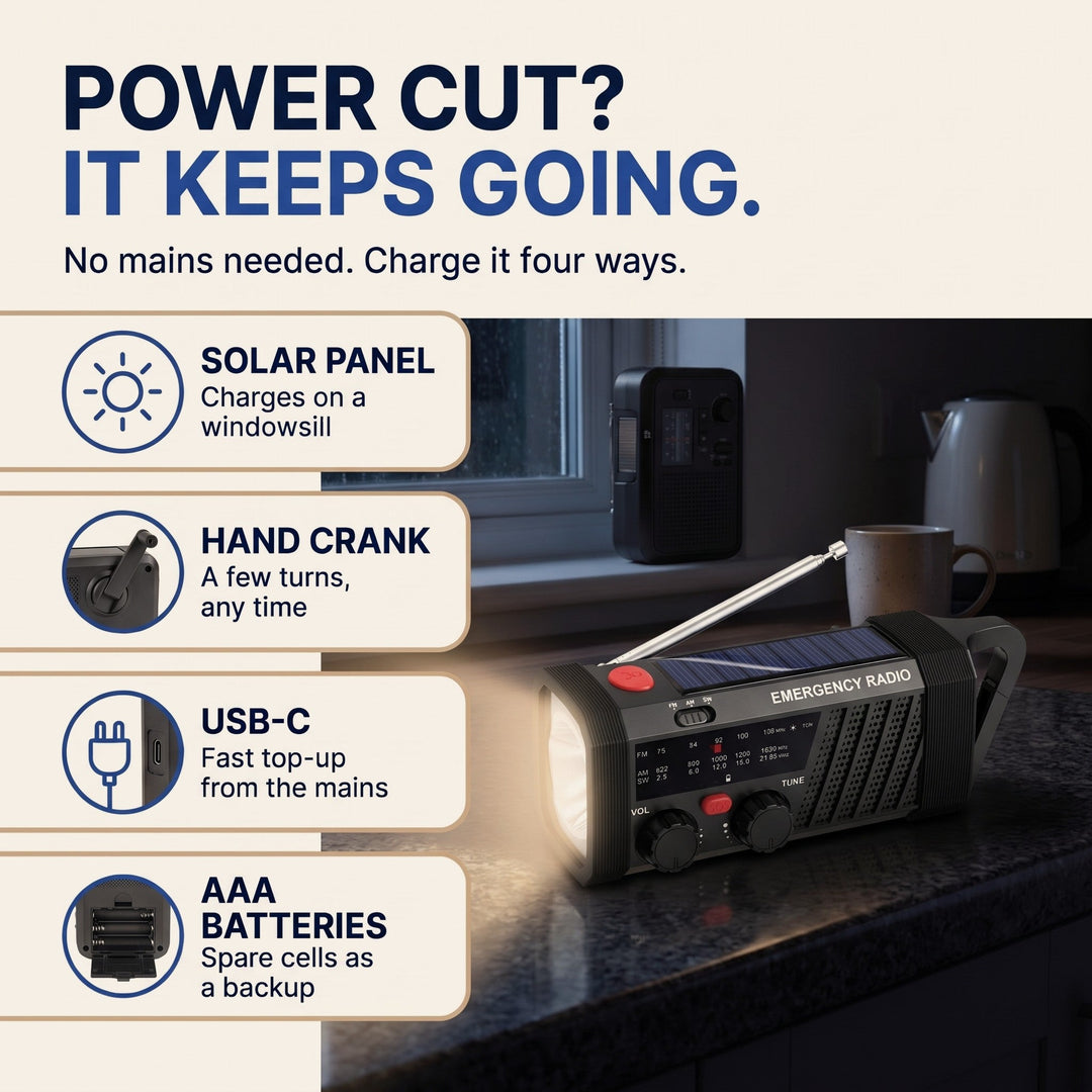 Four ways to power the crank radio: solar panel, hand crank, USB-C and AAA batteries