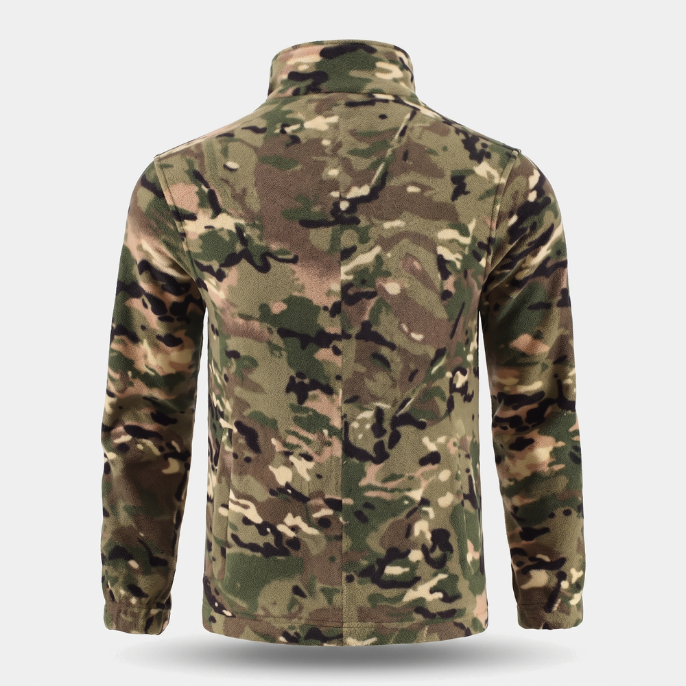 Back view of men's camo fleece jacket showing plain back panel
