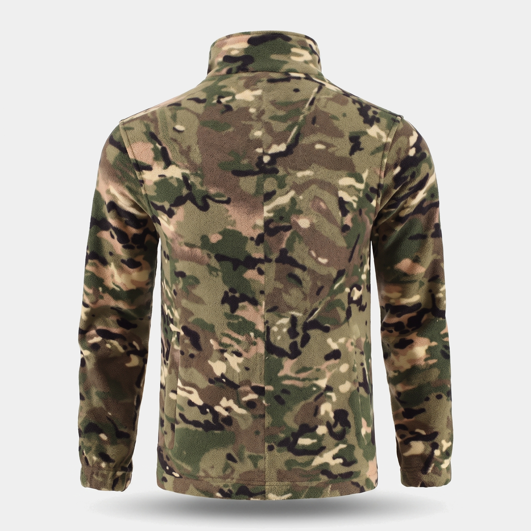 Back view of men's camo fleece jacket showing plain back panel