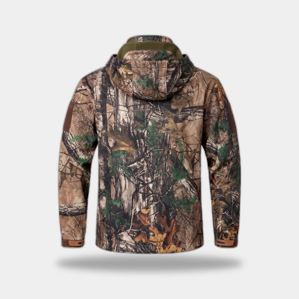 Back view of the men's Leaf Camo hunting softshell jacket showing the fixed hood
