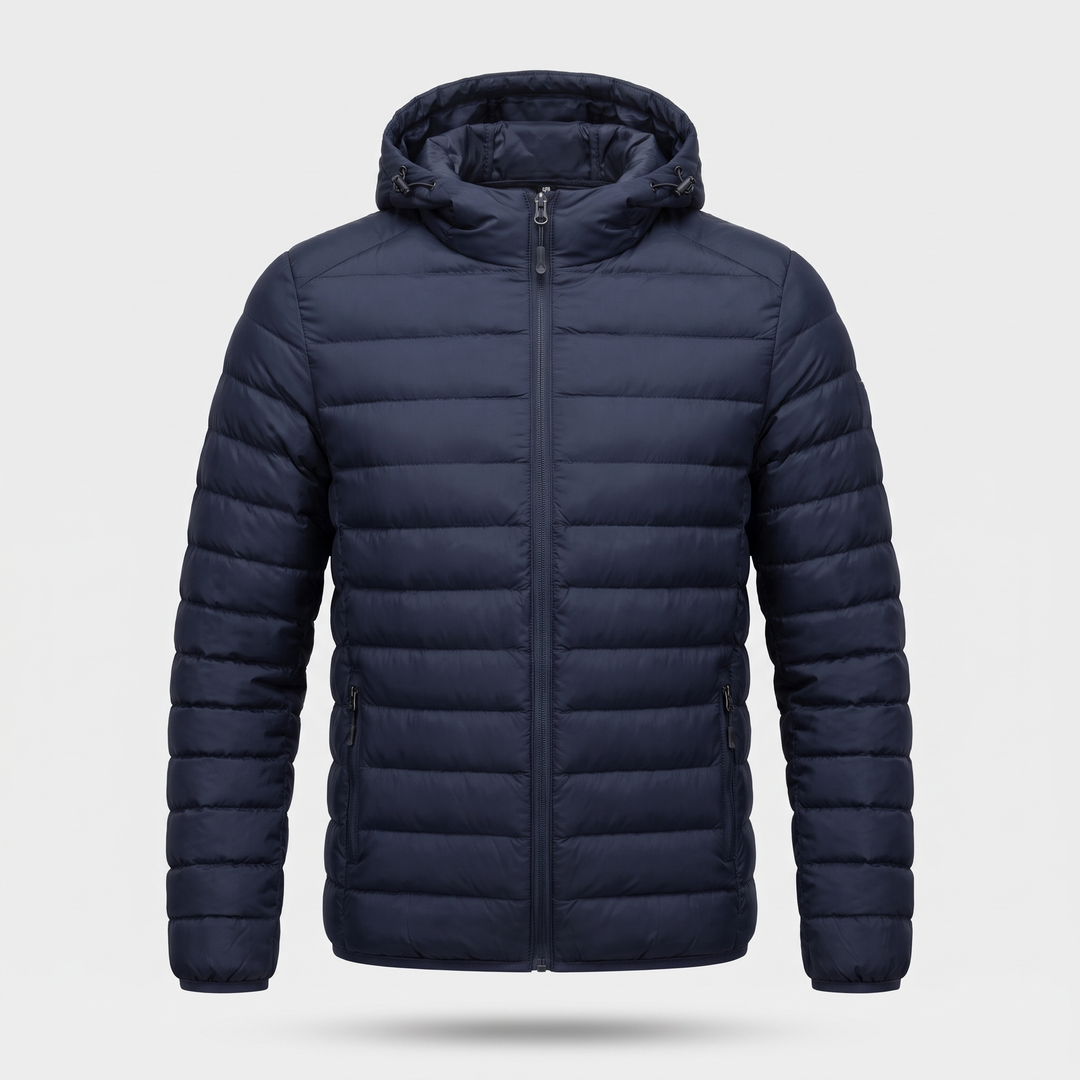 Men's hooded puffer jacket in Navy, front view