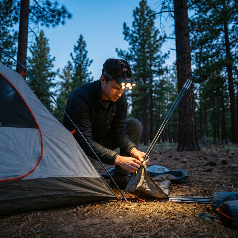 Man wearing the LED headlamp tilted down onto his hands while pitching a tent at dusk