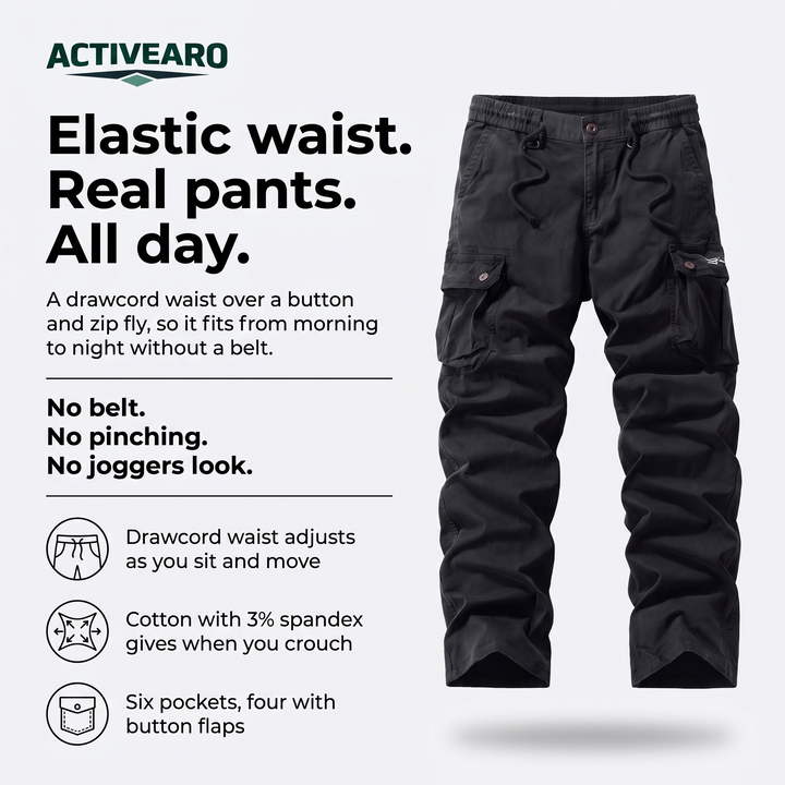 Activearo elastic waist cargo pants infographic: drawcord waist over a button and zip fly, cotton with 3% spandex, six pockets