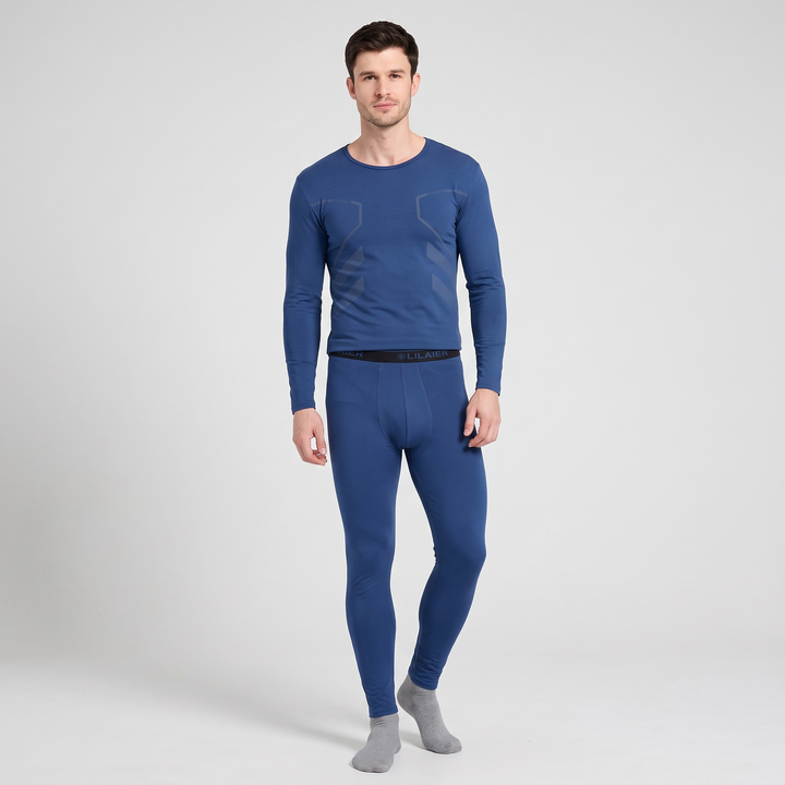 Man wearing the thermal underwear set full length