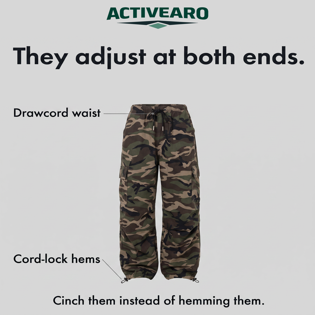 The pants adjust at both ends: drawcord waist and cord-lock hems