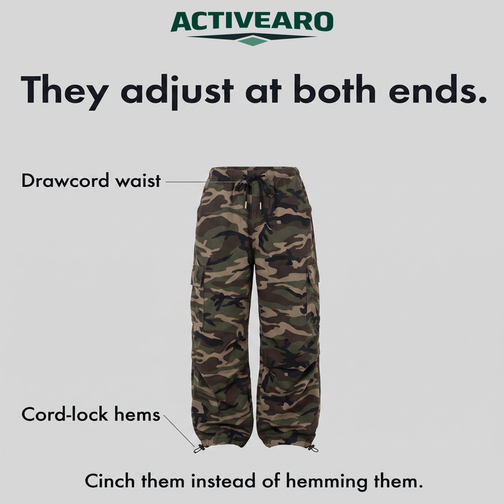 The pants adjust at both ends: drawcord waist and cord-lock hems