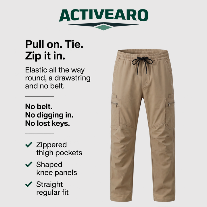 Pull on, tie, zip it in: elastic drawstring waist, zippered thigh pockets, shaped knee panels