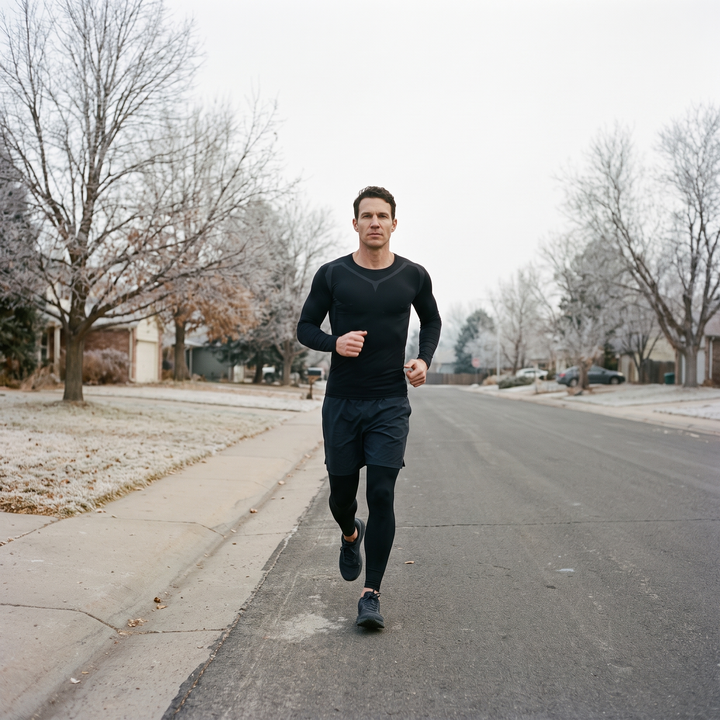 Man running on a frosty residential street in the base layer set and shorts