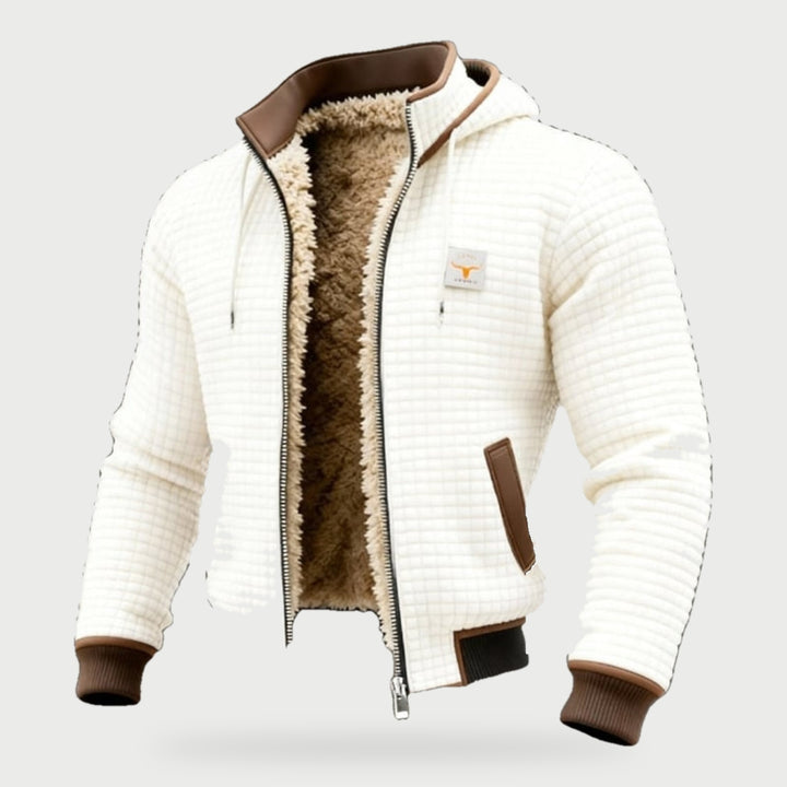 Men's white quilted jacket with sherpa lining and hood