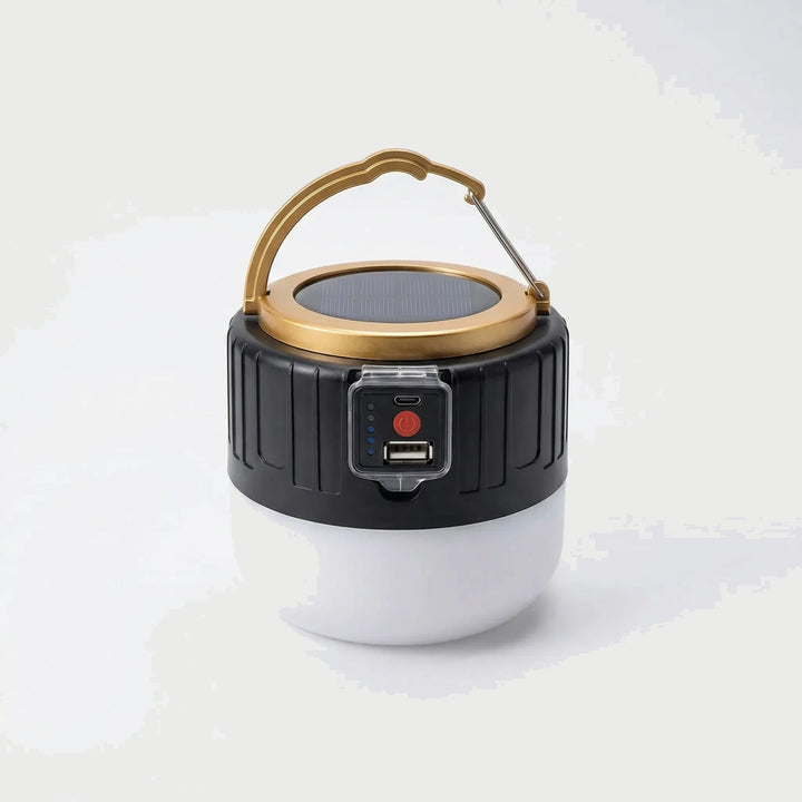 Solar camping lantern in Black with gold folding hook and top solar panel