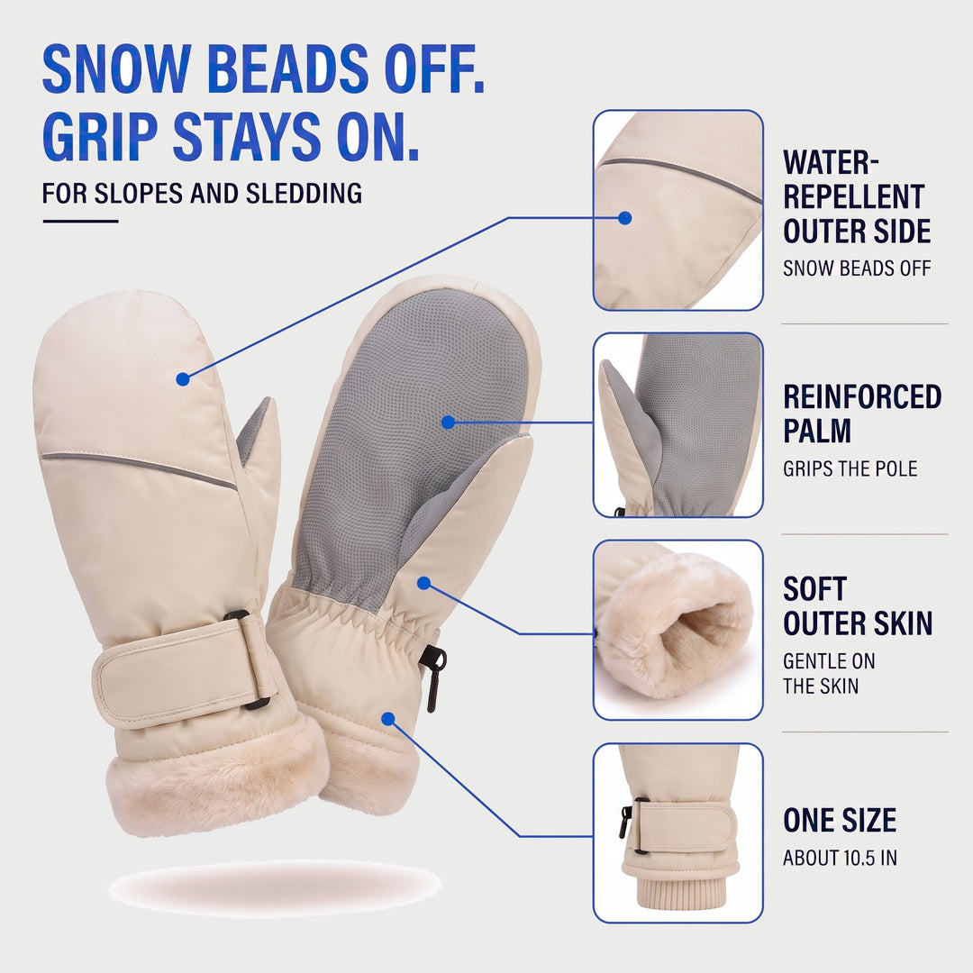 Ski mitten features: water-repellent outer, reinforced palm, soft outer skin