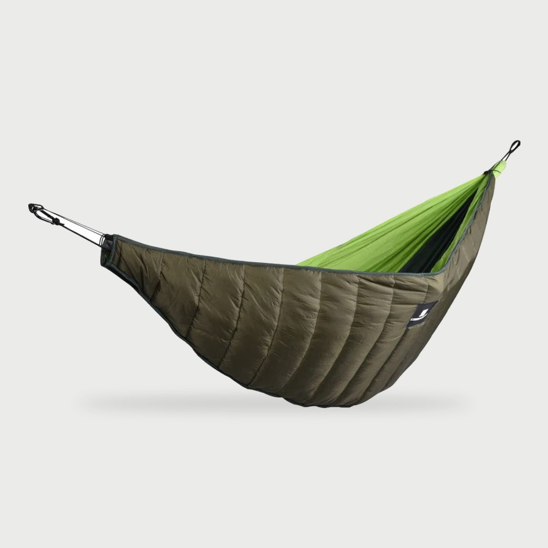 Olive hammock underquilt hung under a hammock, hammock not included