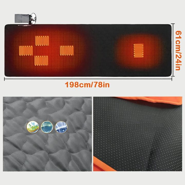 Heated sleeping pad dimensions 78 x 24 in with heating zones, quilted top and non-slip dot base