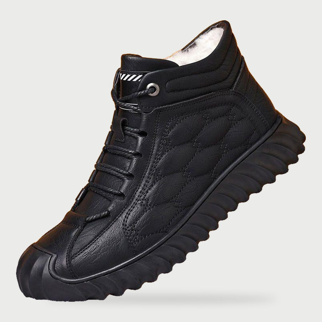 Men's warm boots in Black, plush lined high top winter sneakers with quilted upper
