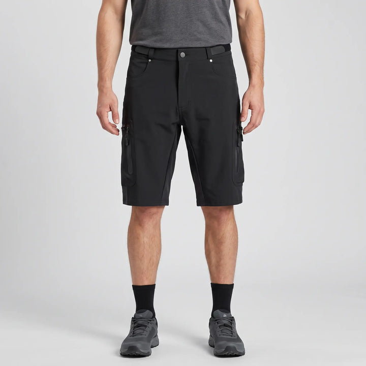 Black MTB shorts worn, front view with zipped thigh pockets