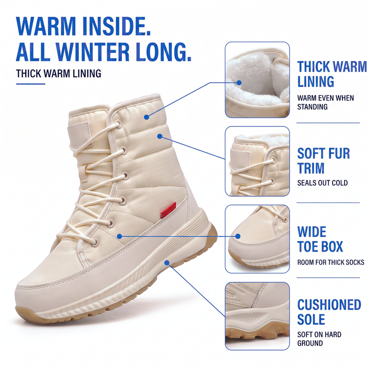 Winter boot details: thick warm lining, soft fur trim, wide toe box, cushioned sole