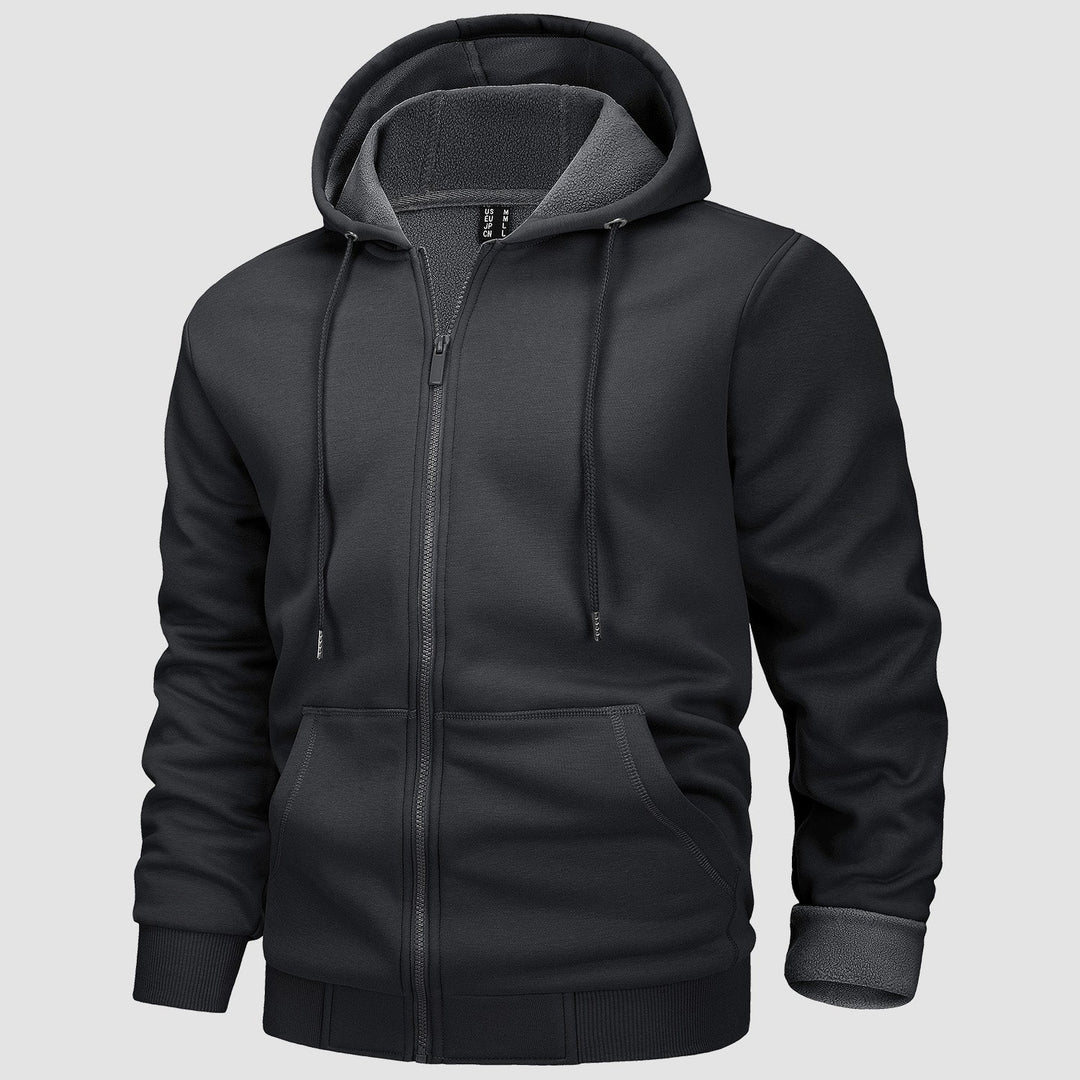 Men's zip up hoodie in Black, front view
