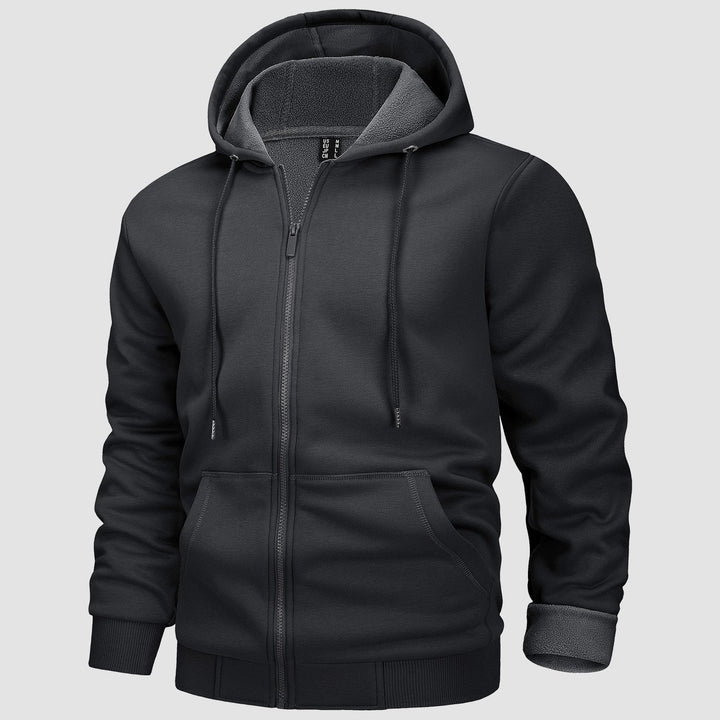 Men's zip up hoodie in Black, front view