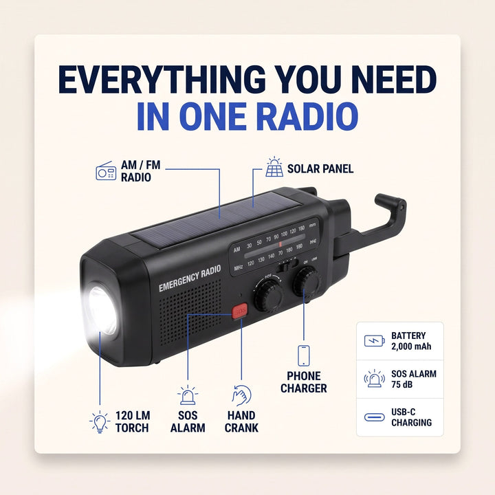 Crank radio features: AM FM radio, solar panel, 120 lumen light, SOS alarm, hand crank and phone charger