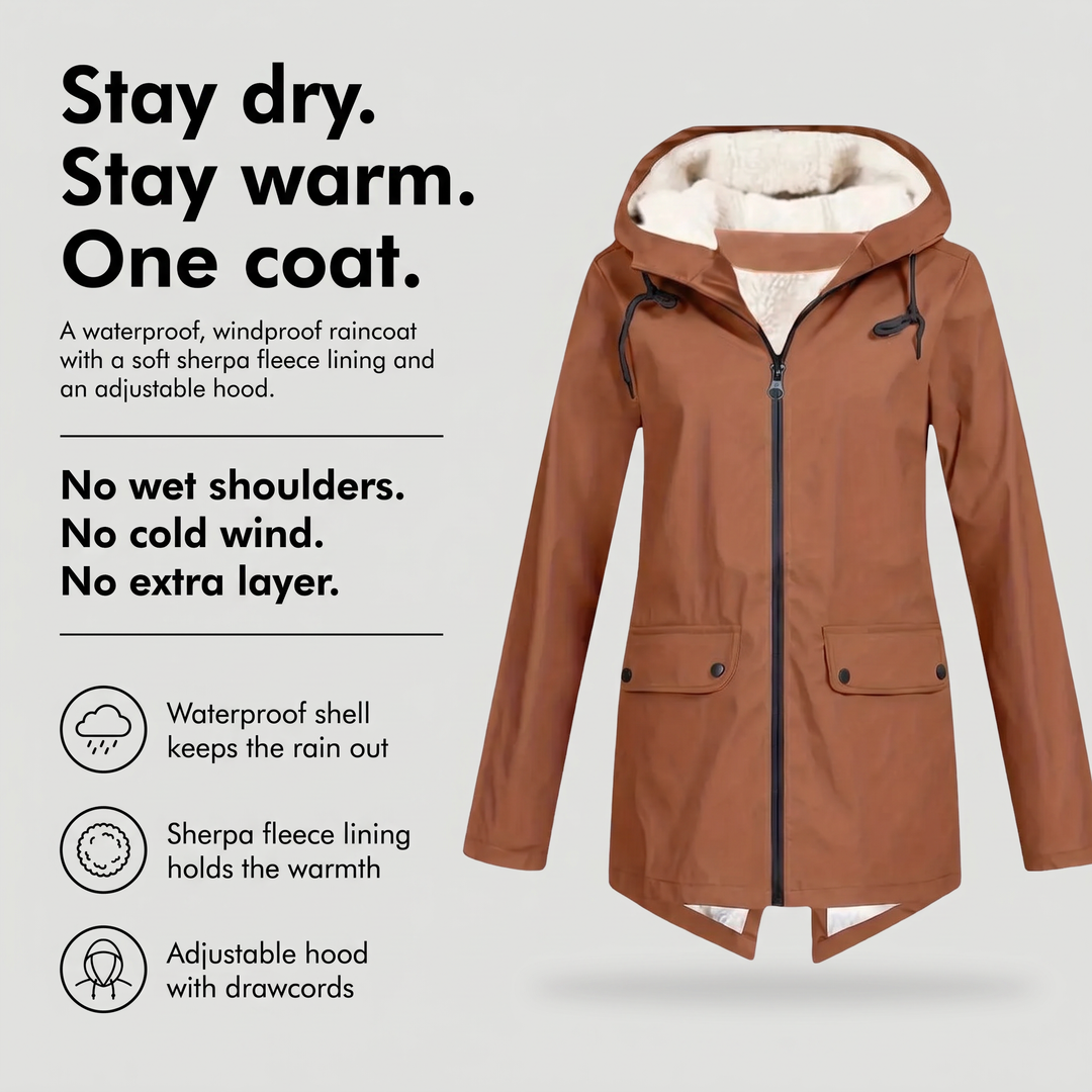 Waterproof raincoat with sherpa fleece lining and adjustable hood