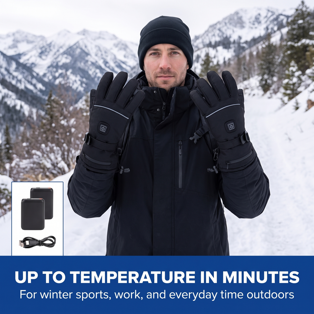 Man in the snowy mountains wearing the black heated ski gloves