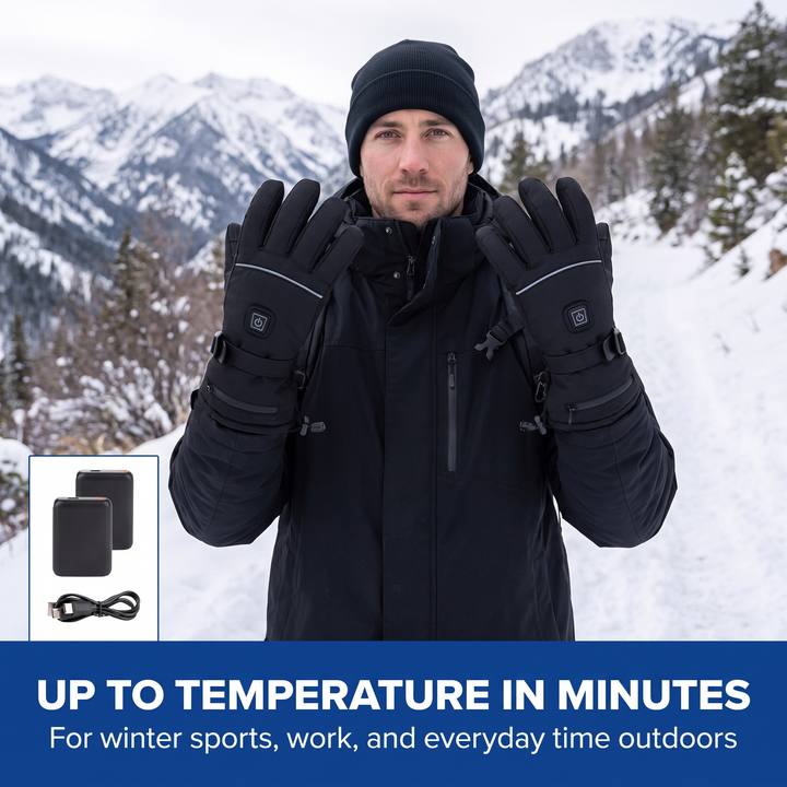 Man in the snowy mountains wearing the black heated ski gloves