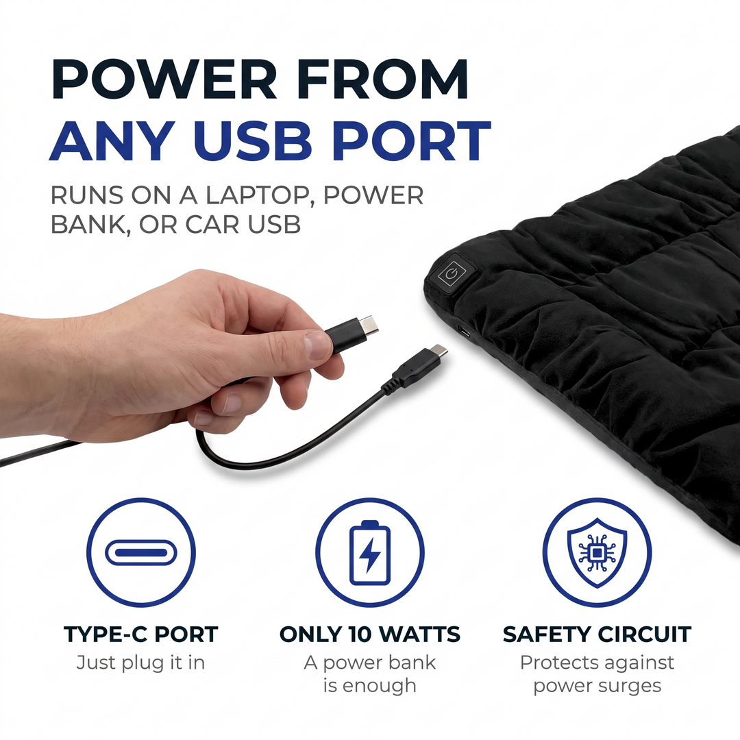 Heated seat cushion runs on a USB-C port from a laptop or power bank