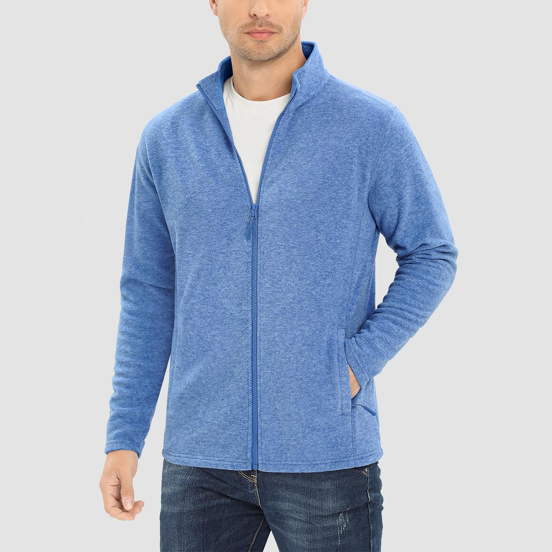 Men's full zip fleece jacket in Gray Blue, worn, front view