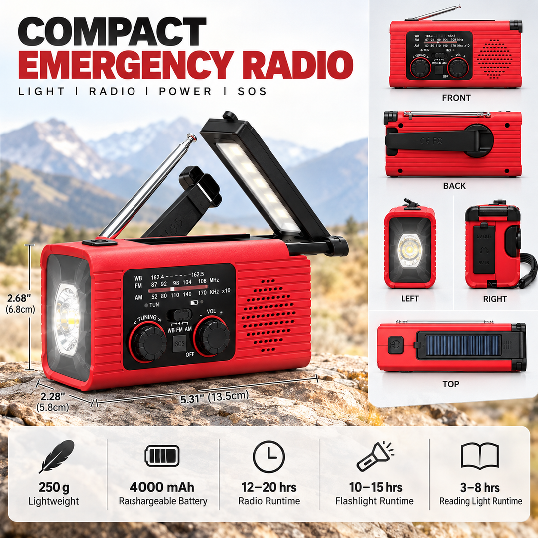 Compact weather radio, 5.31 x 2.28 x 2.68 in, 250 g, 4000 mAh battery and run times