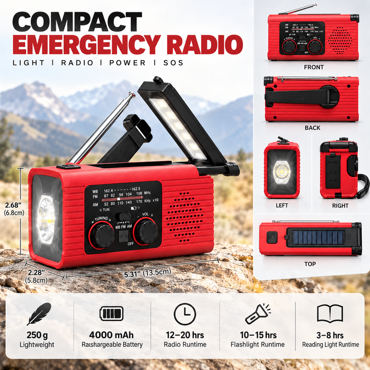 Compact weather radio, 5.31 x 2.28 x 2.68 in, 250 g, 4000 mAh battery and run times