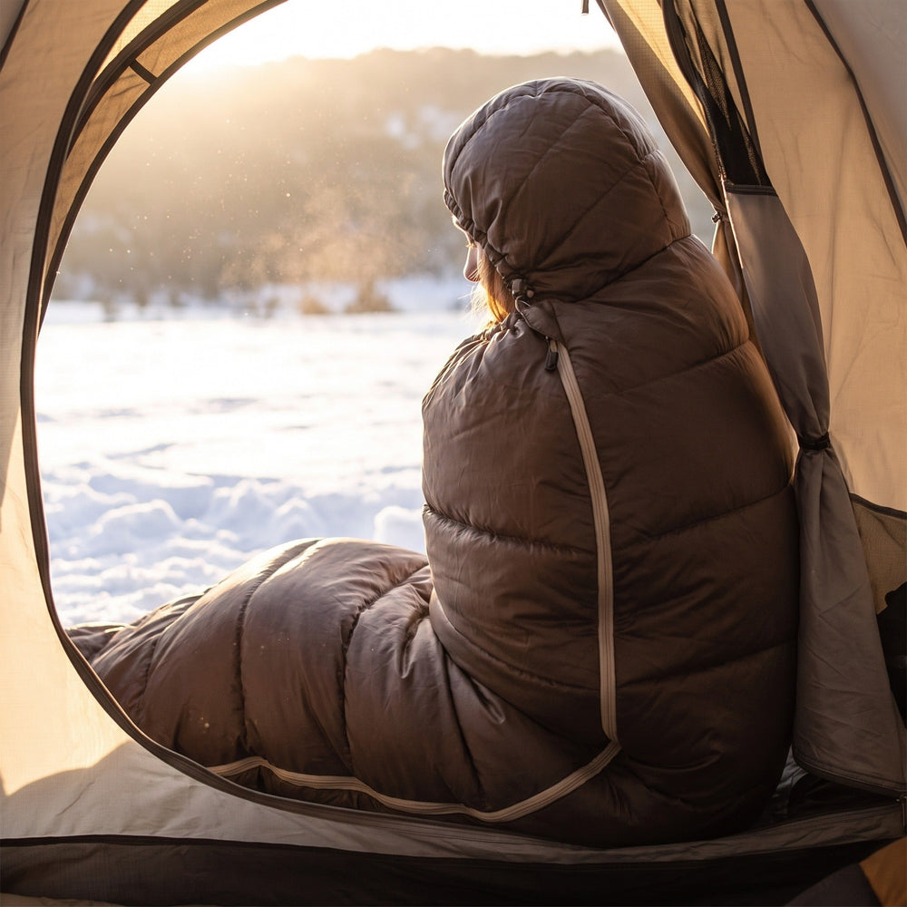 Sitting in the brown mummy sleeping bag at the door of a tent in the snow