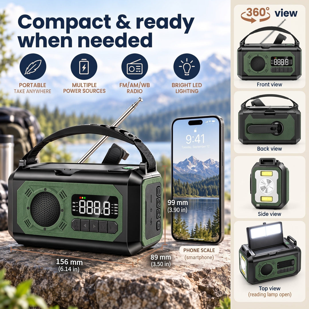 Compact weather radio, 6.14 x 3.50 x 3.90 in, with front, back, side and top views
