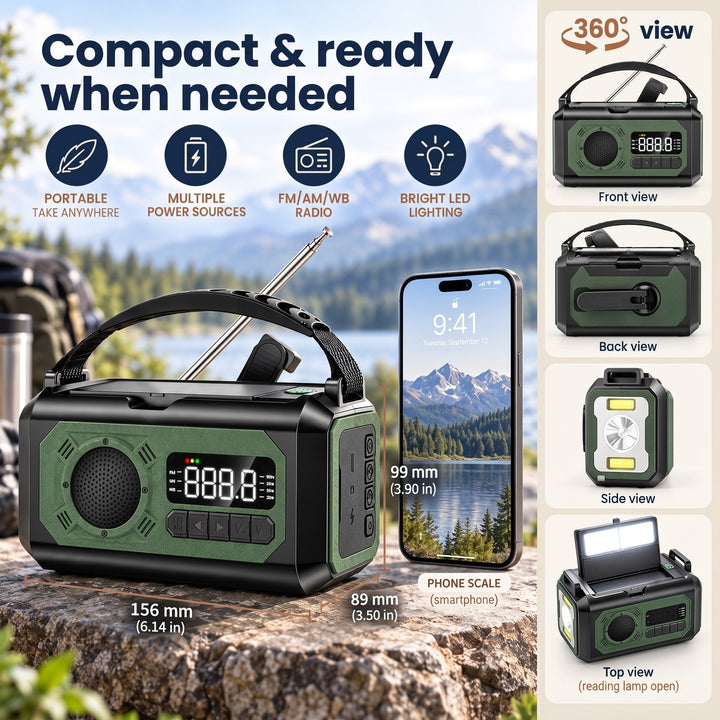 Compact weather radio, 6.14 x 3.50 x 3.90 in, with front, back, side and top views