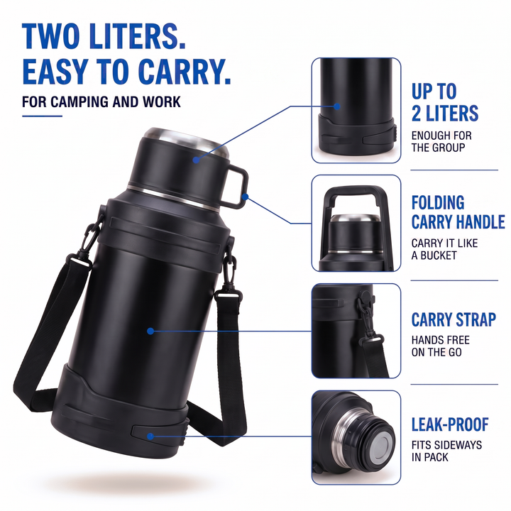 Two liter thermos with folding carry handle carry strap and leak-proof lid
