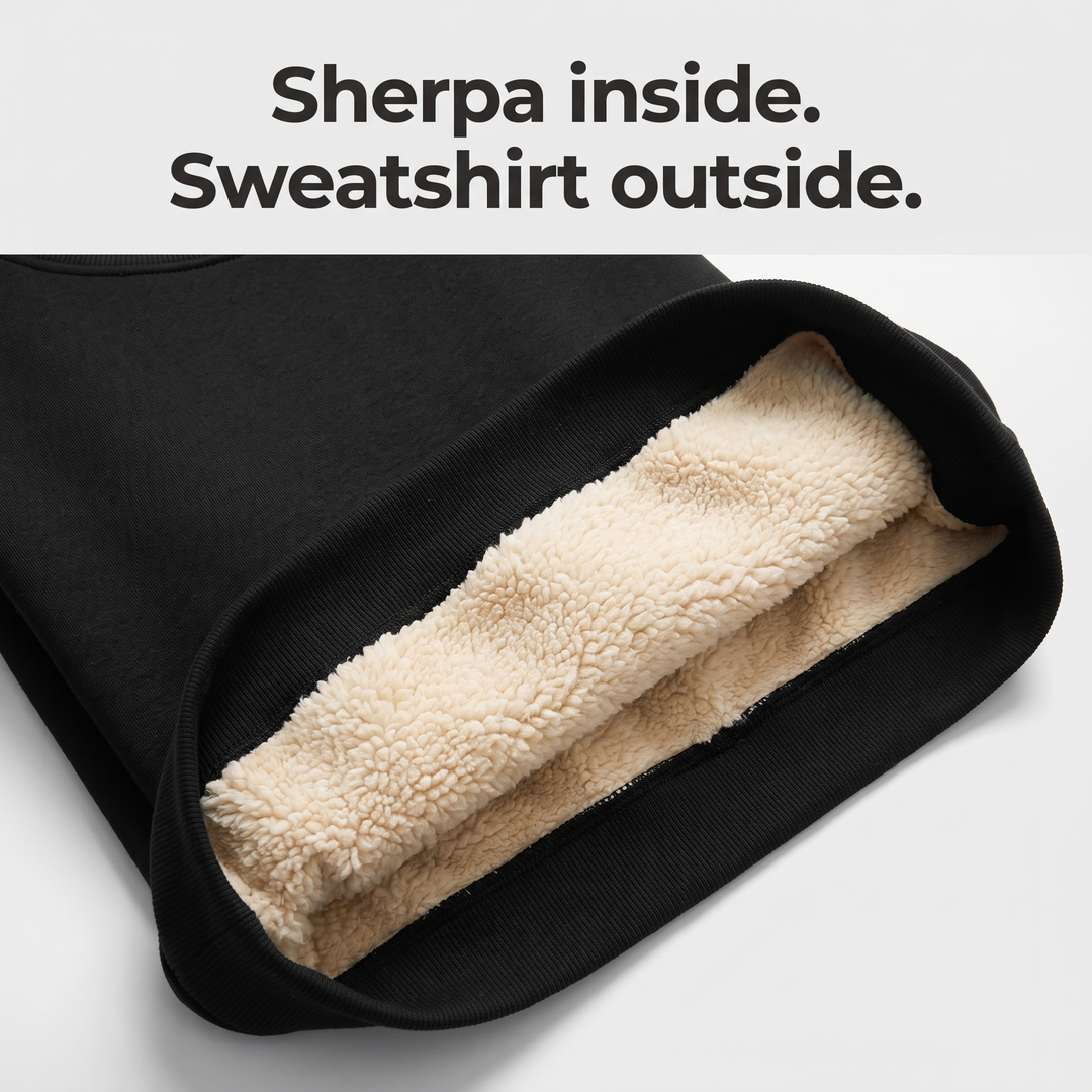 Close-up of the sherpa fleece lining inside the crewneck sweatshirt next to the smooth knit outside
