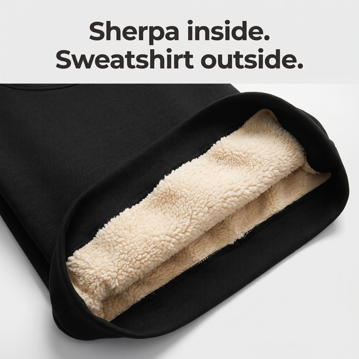 Close-up of the sherpa fleece lining inside the crewneck sweatshirt next to the smooth knit outside