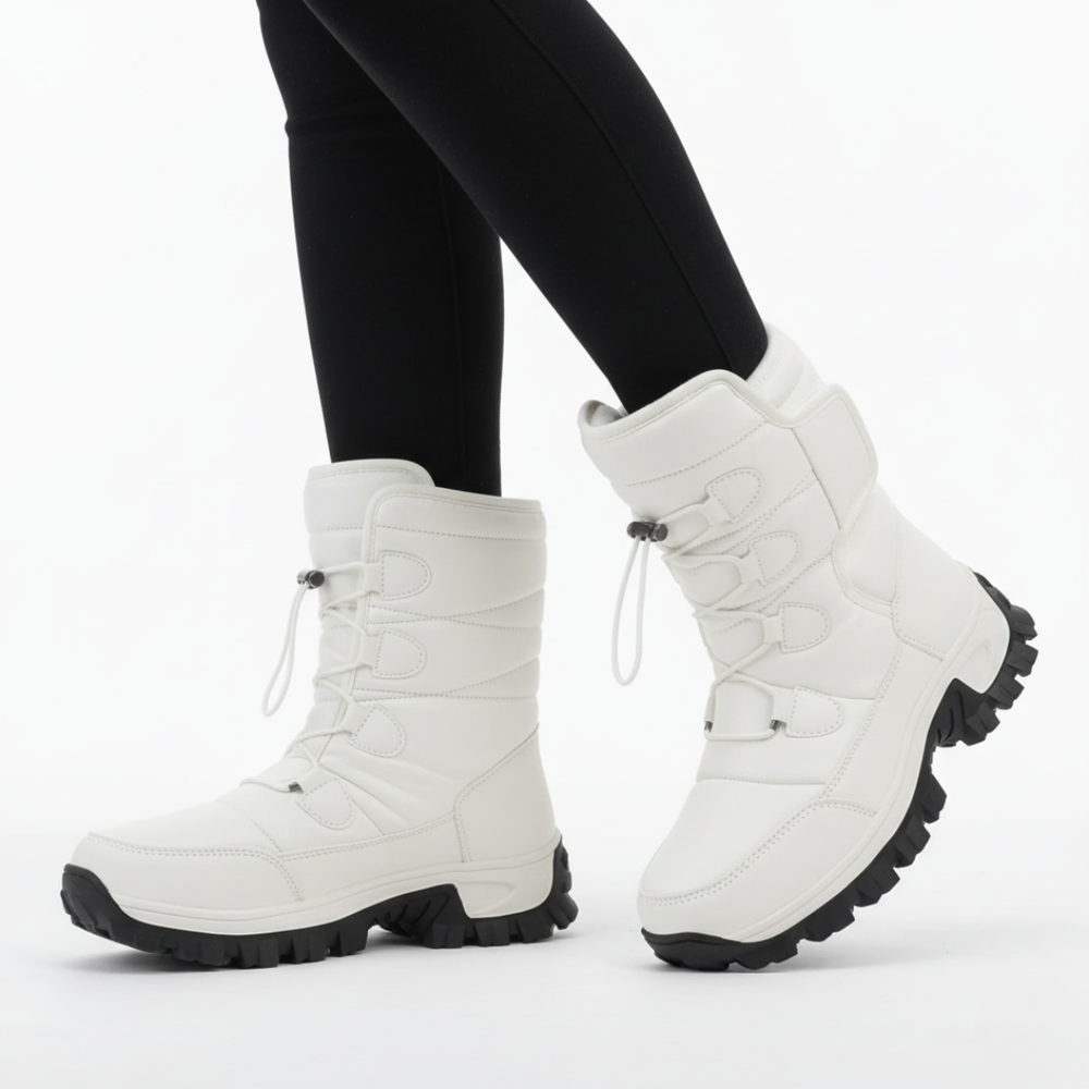Woman walking in the White waterproof mid calf snow boots