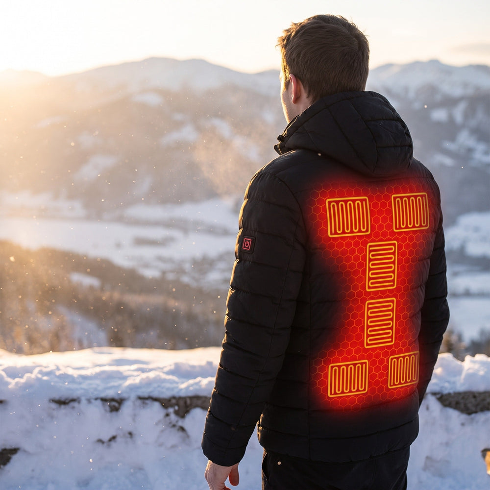 Man wearing the black heated puffer jacket at a snowy mountain lookout