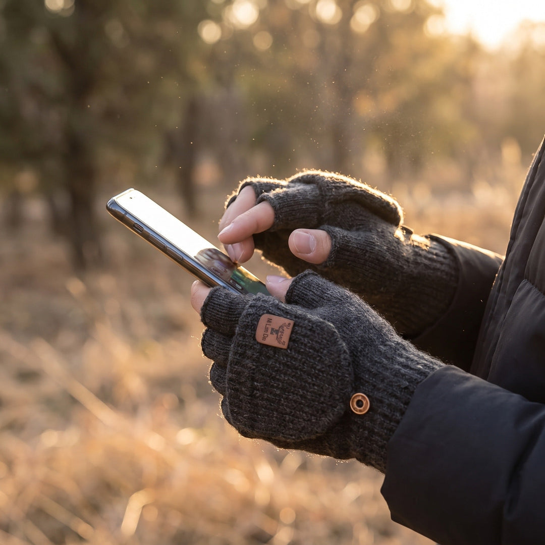 Using a phone while wearing the convertible fingerless mittens outdoors