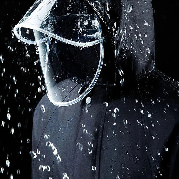 Clear visor on the rain suit hood in the rain