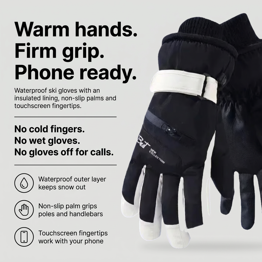 Waterproof ski gloves with a non-slip palm and touchscreen fingertips