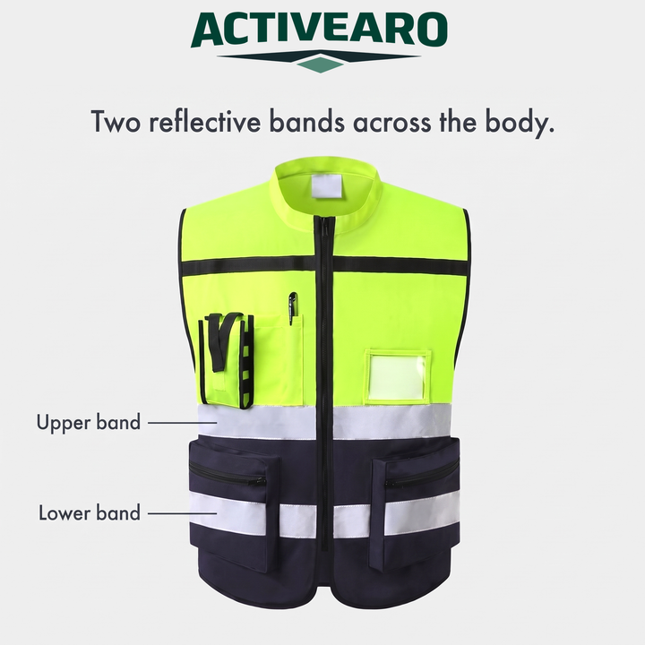 Two reflective bands across the body of the yellow and navy vest
