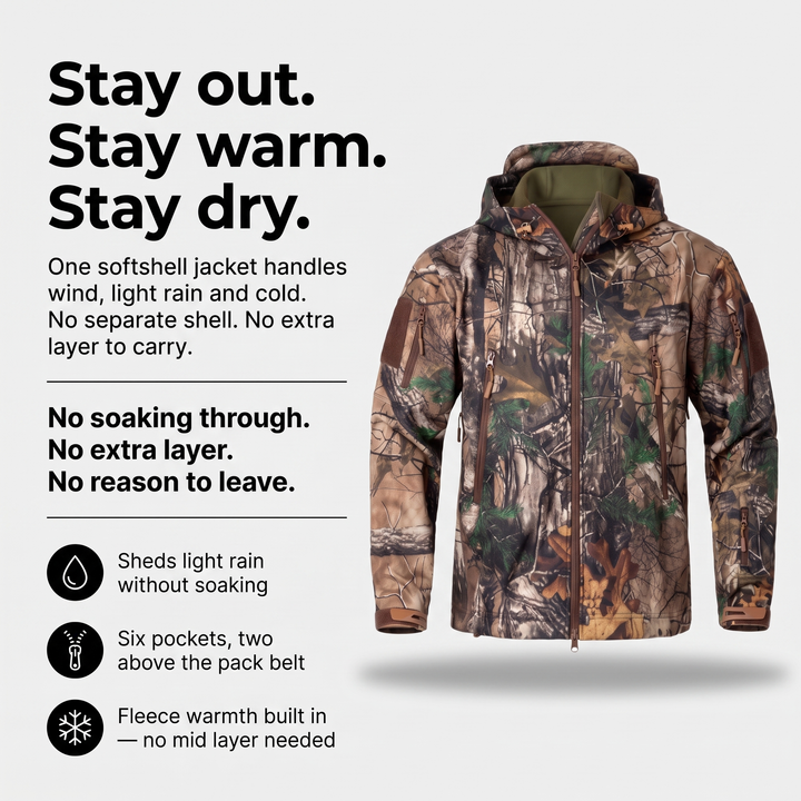 Infographic: Stay out. Stay warm. Stay dry. — key features of the men's camo hunting jacket
